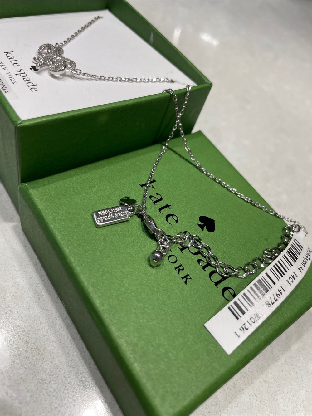 New Kate Spade Bow Meets Girl Pave Short Mini Pendant Necklace Silver with & box - Picture 10 of 14